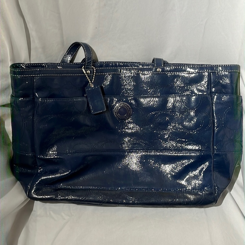 Coach Navy Patent Leather Logo Shoulder Bag